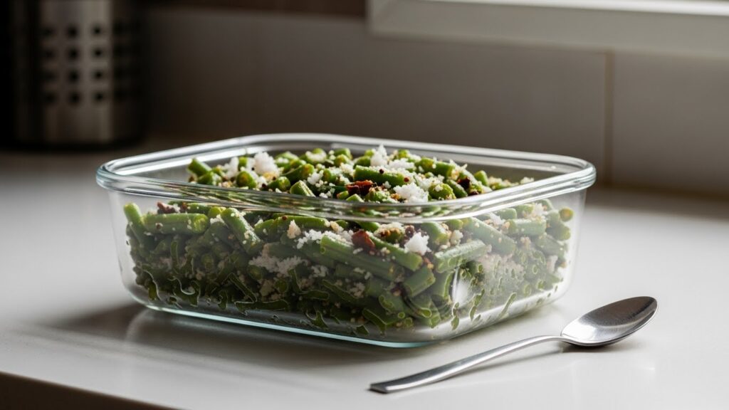 Beans palya stored in an airtight glass container for meal prep