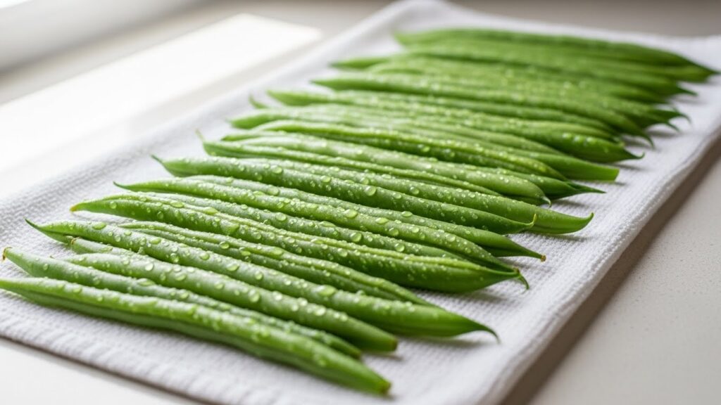 “Blanched green beans drying on a clean kitchen towel.”