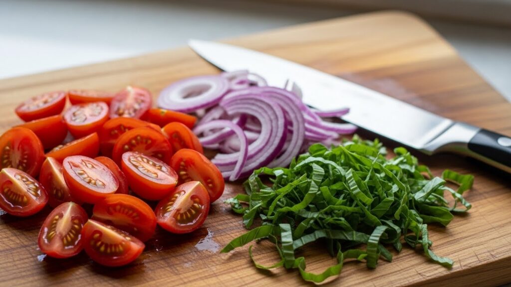 “Cherry tomatoes, sliced red onions, and basil ribbons prepared on a cutting board.”