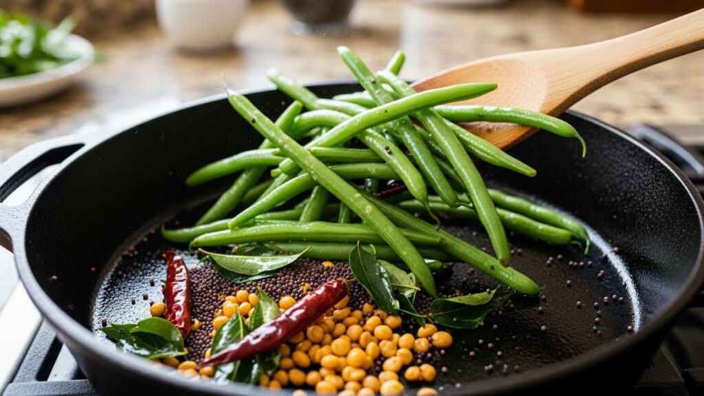 Chopped green beans being mixed with tempering ingredients in a hot pan