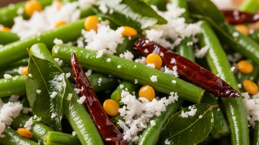 Close-up shot of beans palya showing coconut and tempering spices