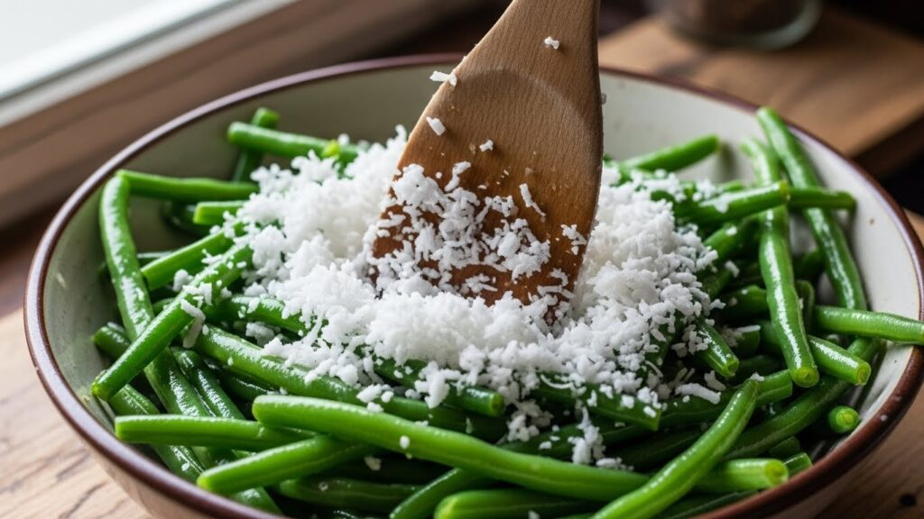 Cooked beans being mixed with fresh grated coconut in a pan