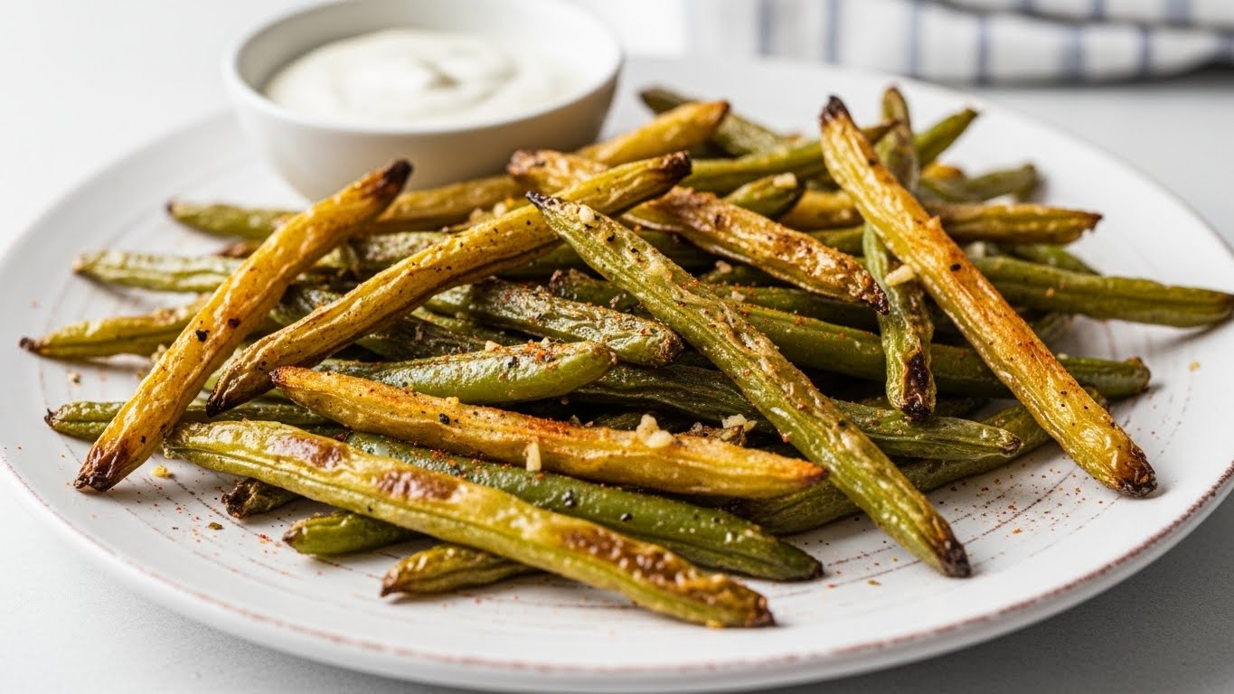 “Crispy air fryer green bean fries served on a plate with ranch dip, showing golden edges and a realistic homemade texture.”
