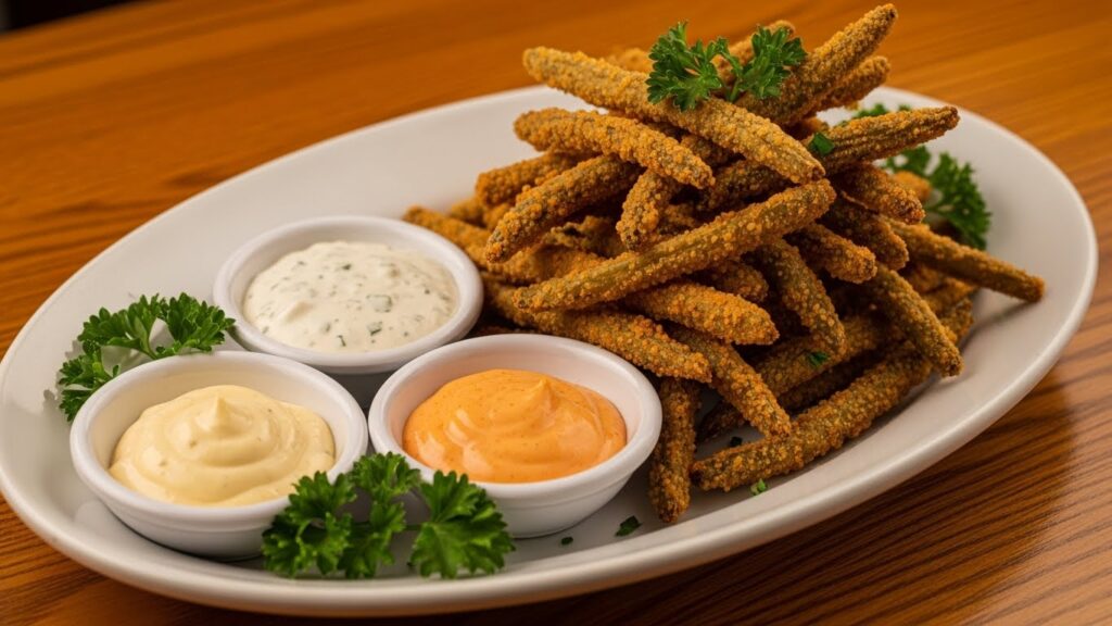 “Crispy green bean fries served with ranch, garlic aioli, and spicy mayo on a white platter.”