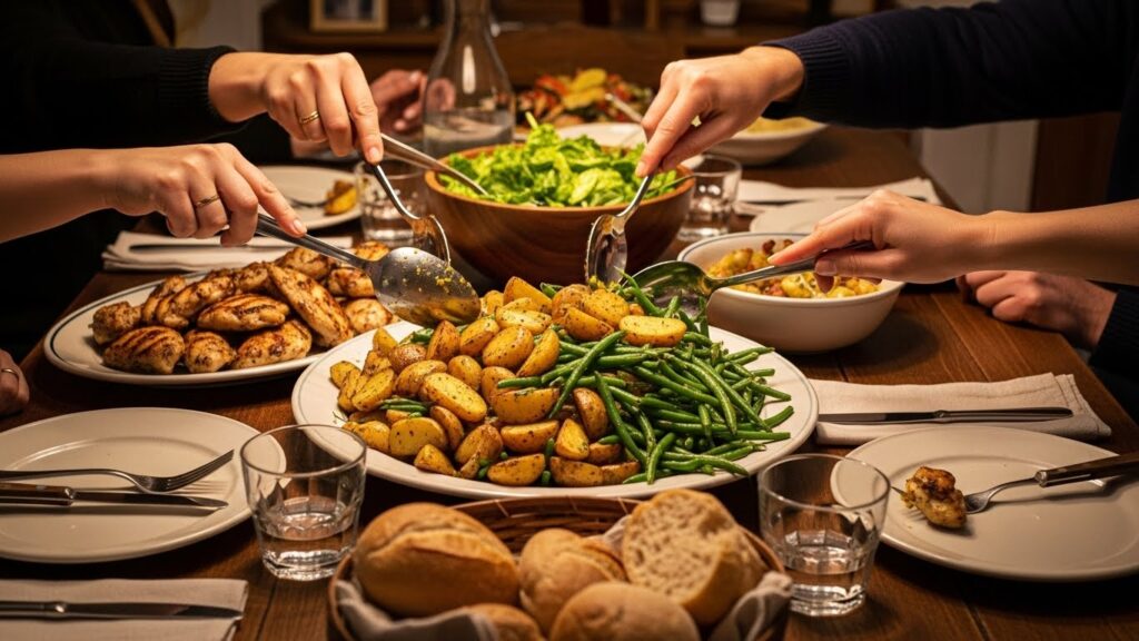 Family-style dinner table featuring roasted potatoes and green beans with grilled chicken and salad.