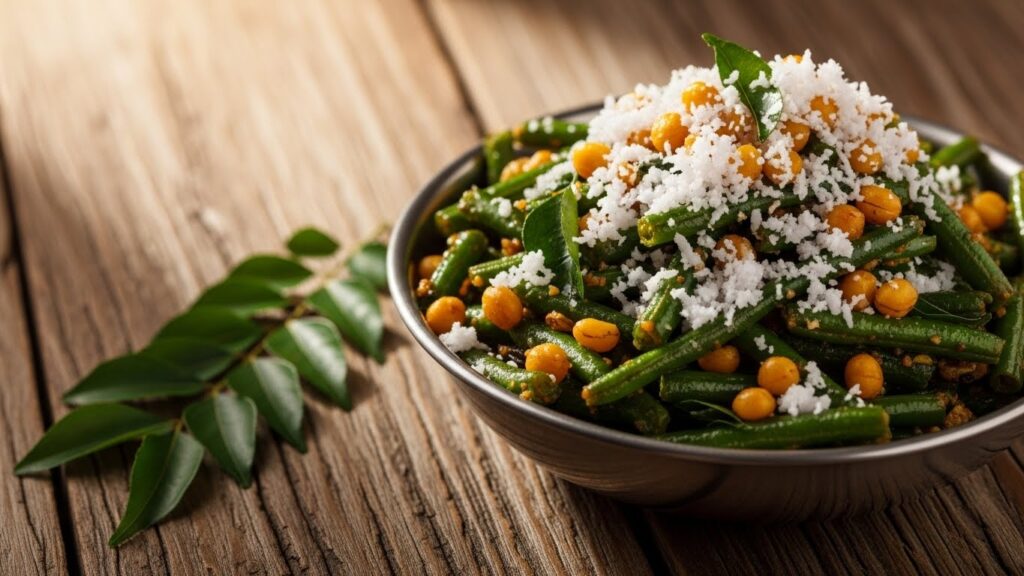 Finished South Indian Beans Palya served with coconut and curry leaves