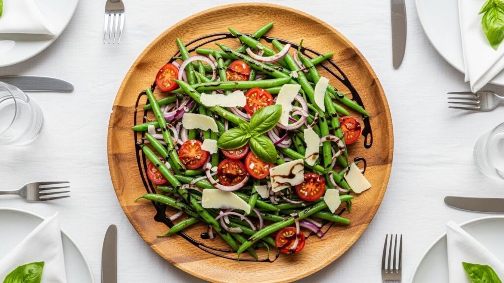 “Finished green bean salad arranged on a platter with basil and Parmesan.”