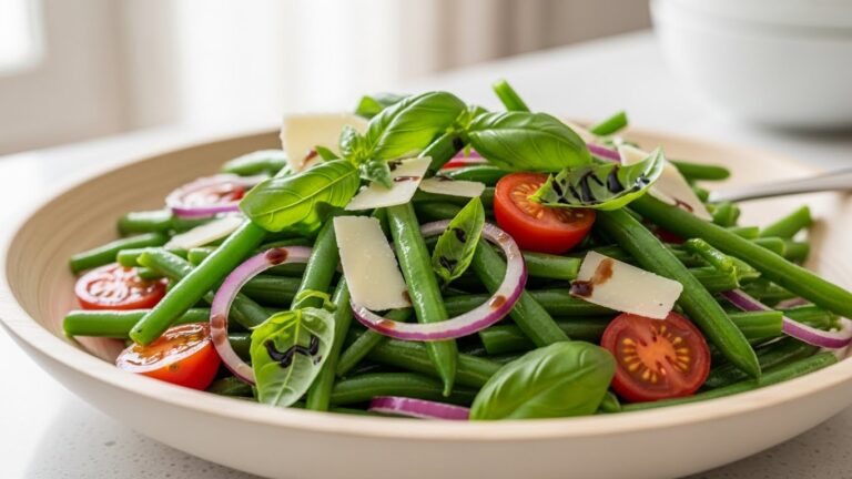 “Fresh green bean salad with basil, cherry tomatoes, and balsamic dressing served in a white bowl.”