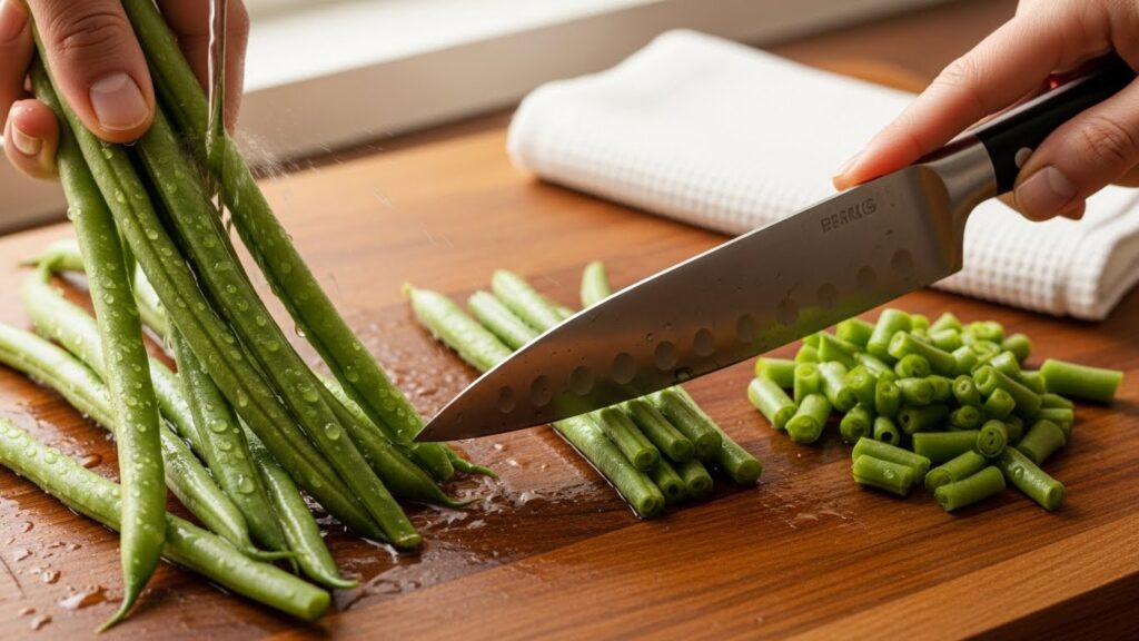 Fresh green beans being trimmed and chopped on a wooden cutting board