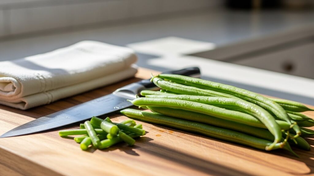 “Fresh green beans being trimmed on a wooden cutting board with a knife.”