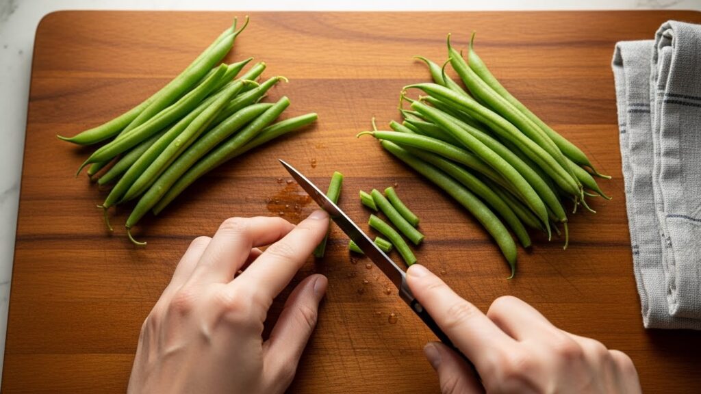 “Fresh green beans being washed, dried, and trimmed on a wooden cutting board before cooking.”