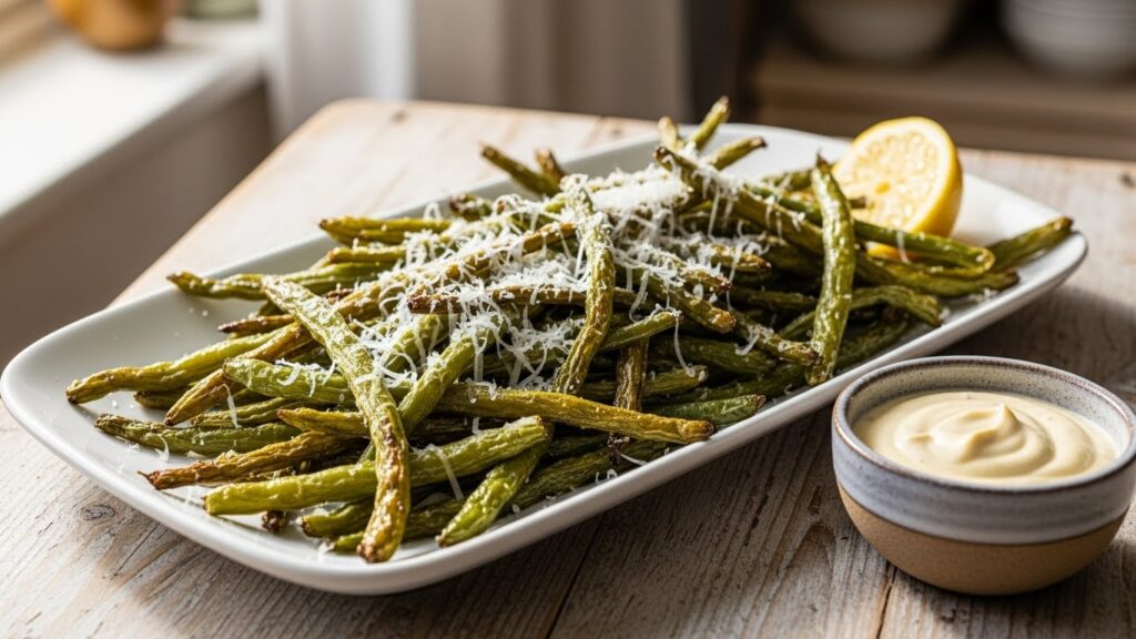 “Golden and crispy air fryer green bean fries served with garlic aioli and sprinkled with parmesan.”