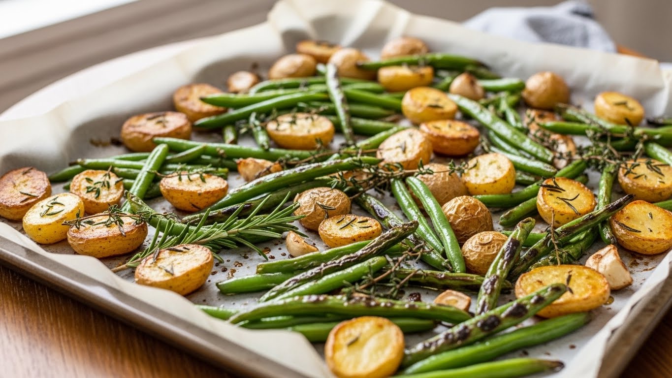 Golden crispy roasted potatoes and green beans on a baking sheet with garlic, rosemary, and thyme, styled for a food blog.