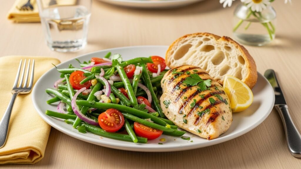“Green bean salad served as a side dish with grilled chicken on a dinner plate.”