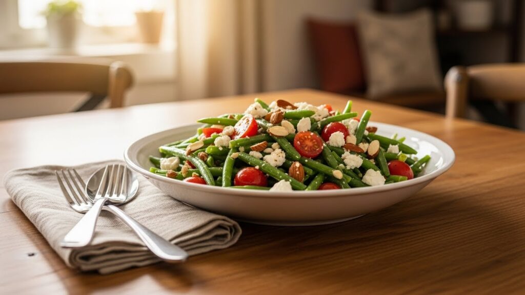 “Green bean salad served on a wooden dining table with cutlery.”