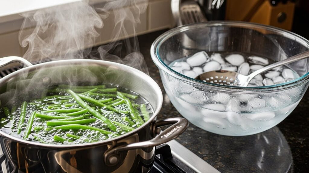 “Green beans boiling in a pot with an ice water bath prepared beside it.”