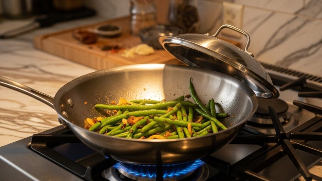 Green beans cooking covered in a pan with steam rising