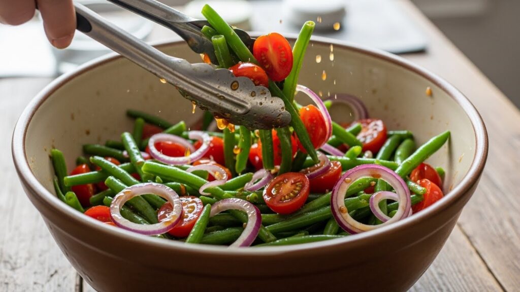 “Green beans, tomatoes, and onions being tossed with balsamic dressing in a mixing bowl.”