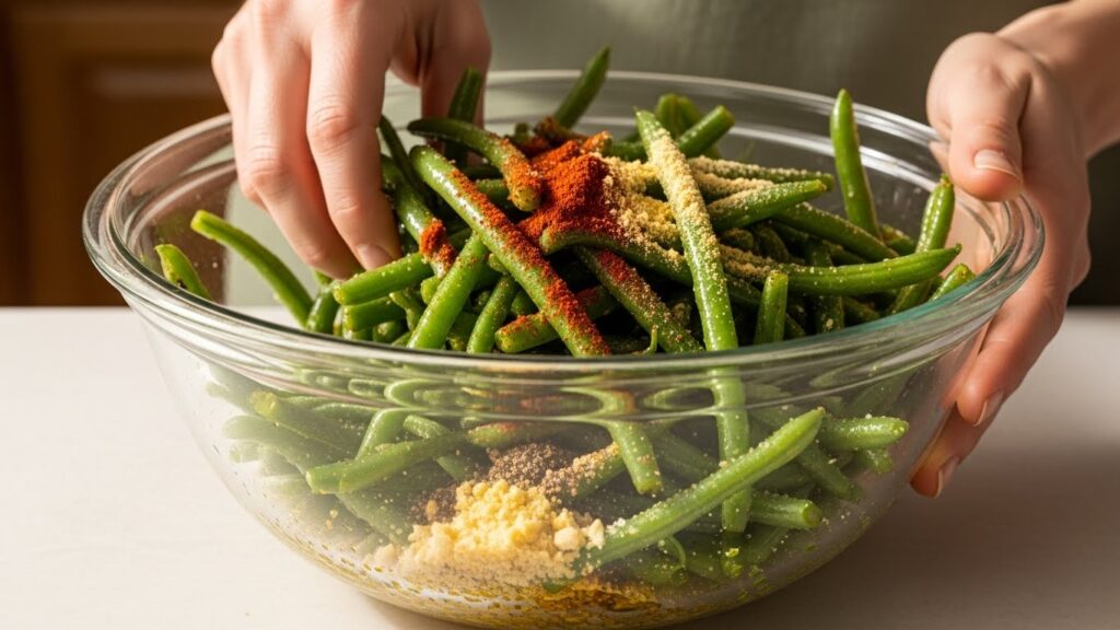 “Green beans tossed with olive oil and spices in a glass mixing bowl for air frying.”