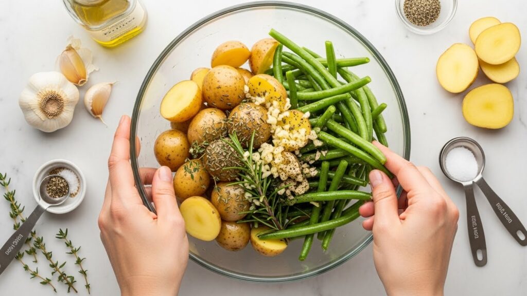 Hands tossing potatoes and green beans with olive oil, garlic, rosemary, and thyme in a mixing bowl before roasting.