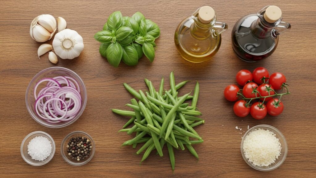 “Ingredients for green bean salad displayed neatly on a kitchen counter.”