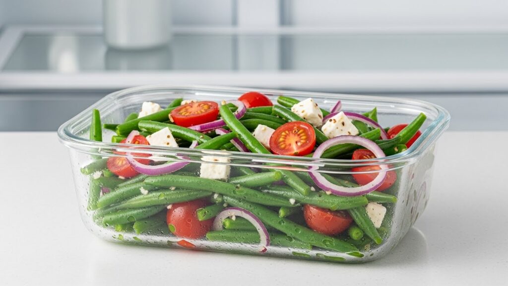 “Leftover green bean salad stored in a clear airtight container.”