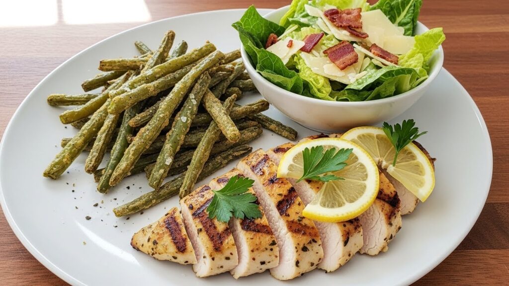 “Low-carb meal with green bean fries, grilled chicken, and a fresh Caesar salad.”