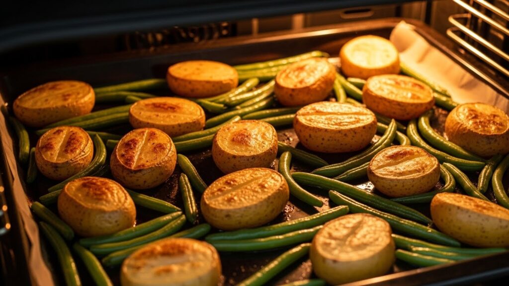 Roasted potatoes cut-side down and green beans in the oven turning golden and crispy.