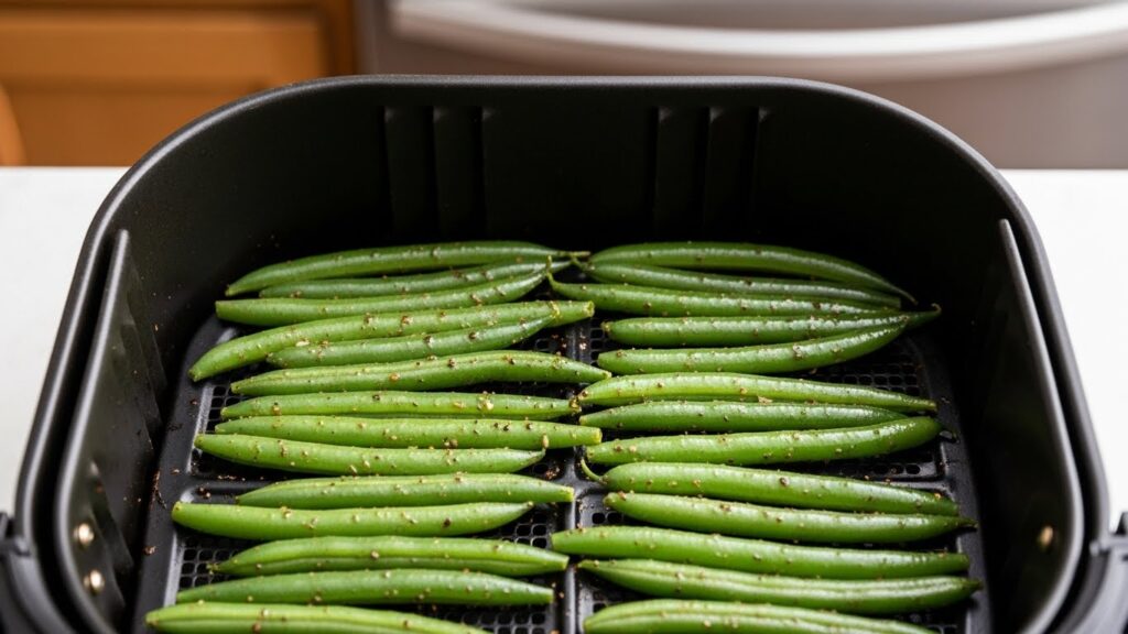 “Seasoned green beans arranged in a single layer inside an air fryer basket.”