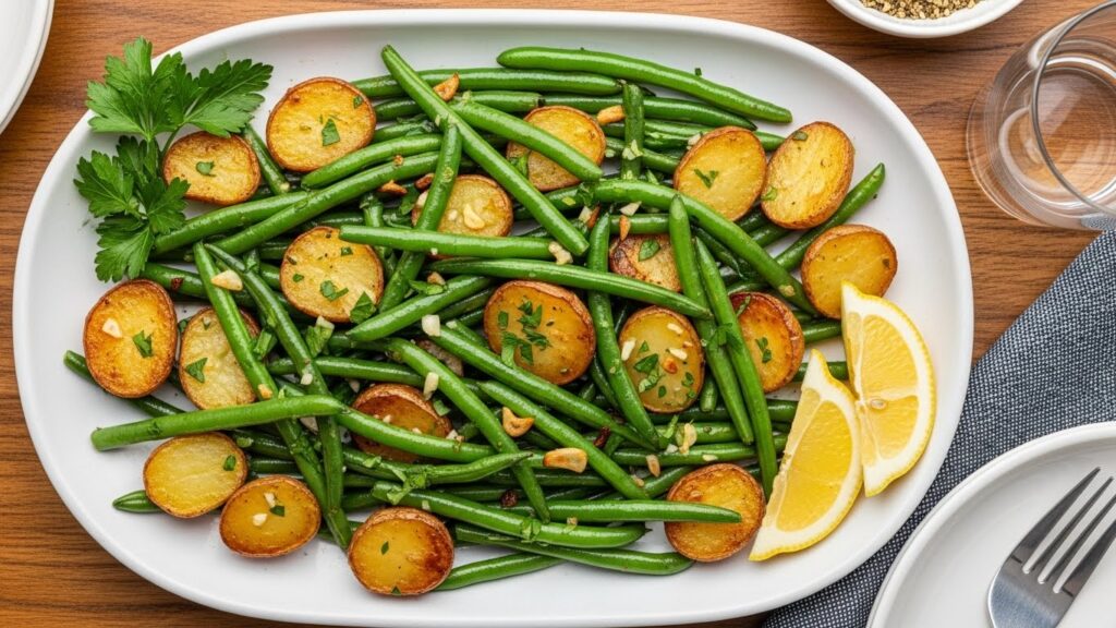 Serving platter of roasted potatoes and green beans garnished with parsley and lemon wedges.