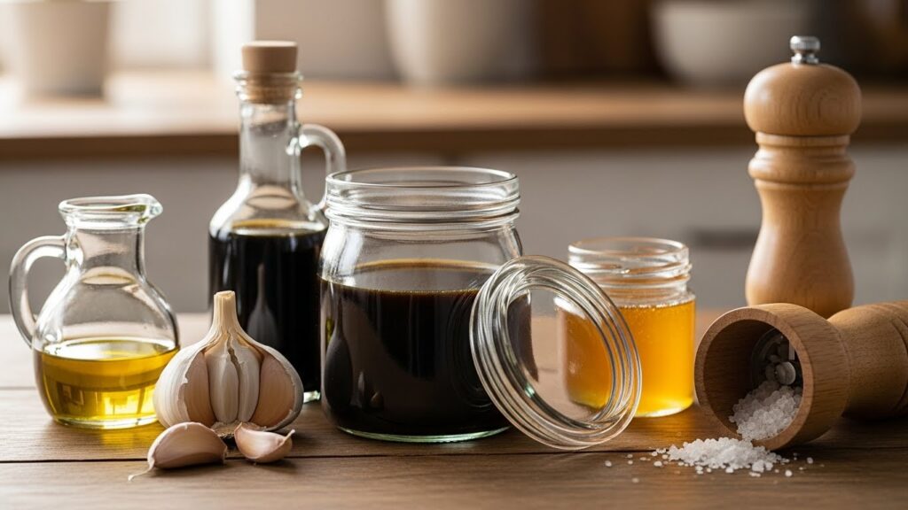 “Small glass jar of homemade balsamic dressing with ingredients around it.”