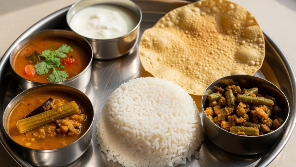 South Indian thali plate featuring beans palya with rice, sambar, and rasam