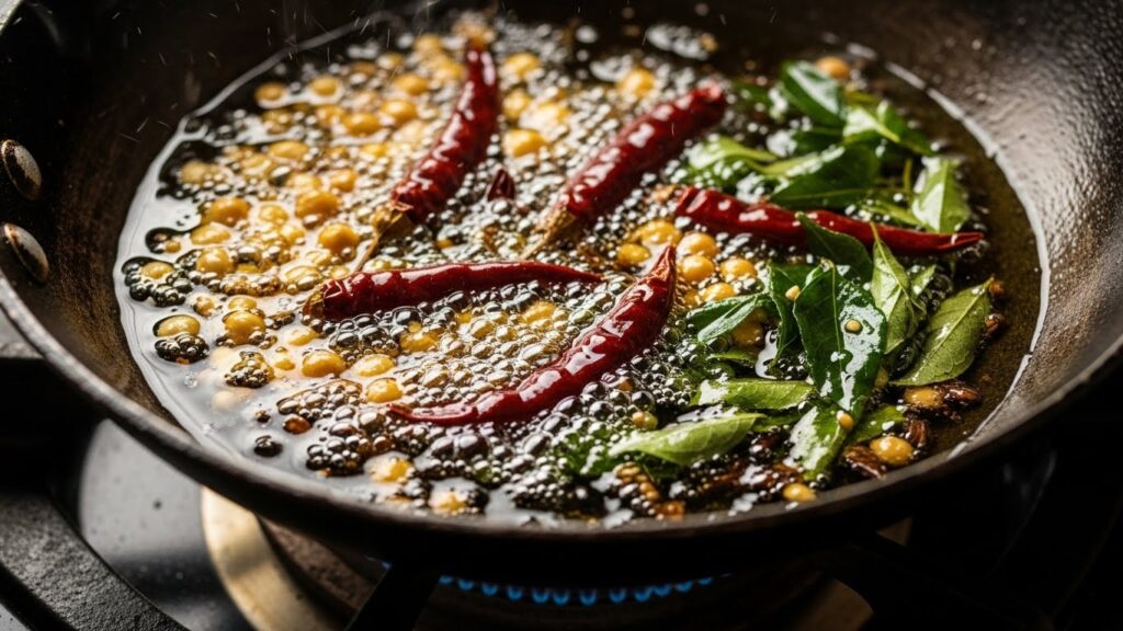Tempering mustard seeds, lentils, red chilies, and curry leaves in hot oil for South Indian cooking