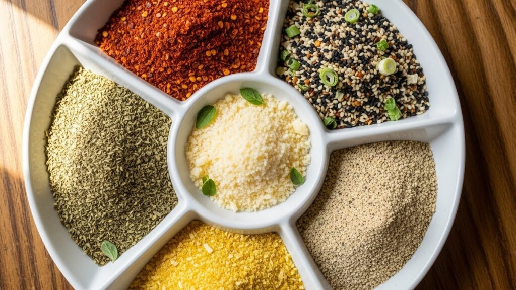 “Various seasoning options for crispy green bean fries, including spicy, Italian, Asian-inspired, and lemon pepper blends.”